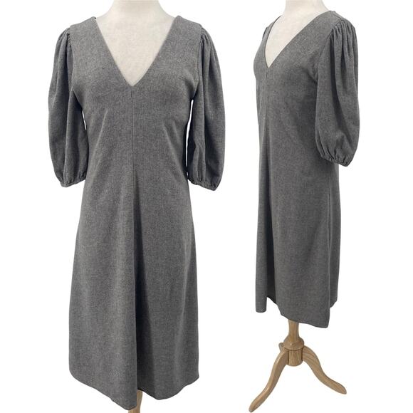 Zara Wool Blend Puff Sleeve Midi Dress V Neck Pleated Front Grey Womens Medium - Picture 1 of 5